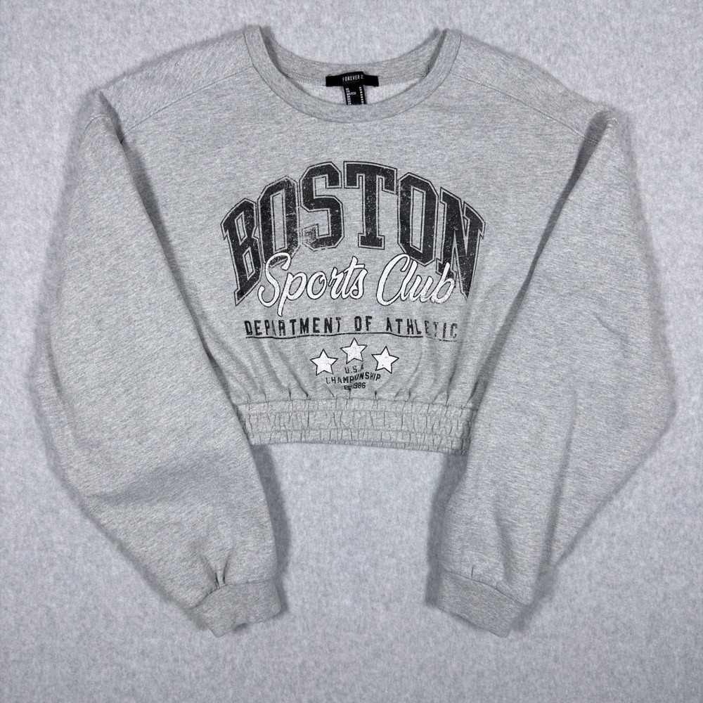 Forever 21 Boston Sports Club Cropped Sweatshirt Gray Graphic Pullover Medium